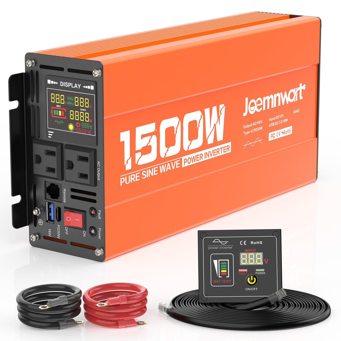 3000W Pure Sine Wave Power Inverter 24V DC to 110V AC Converter, LED Display,Remote Control, Car Inverter with 2AC Outlets,Fast Charging USB Port for RV,Truck,Home