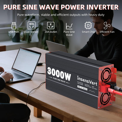 3000W Pure Sine Wave Inverter, Car Power Inverter 24V to 120V AC Converter for RV, Truck, Solar, Outdoor with Dual AC and 20A Socket, 18W+30W USB, PD60W (3000W-24V)