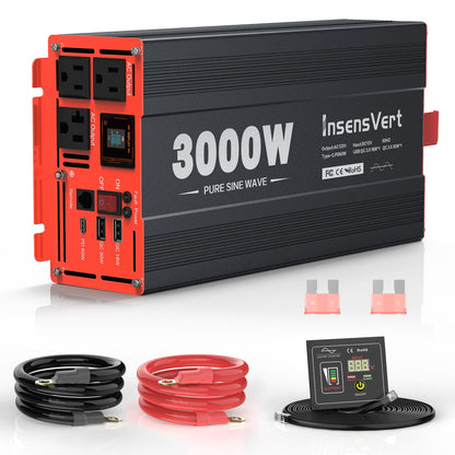 3000W Pure Sine Wave Inverter, Car Power Inverter 24V to 120V AC Converter for RV, Truck, Solar, Outdoor with Dual AC and 20A Socket, 18W+30W USB, PD60W (3000W-24V)