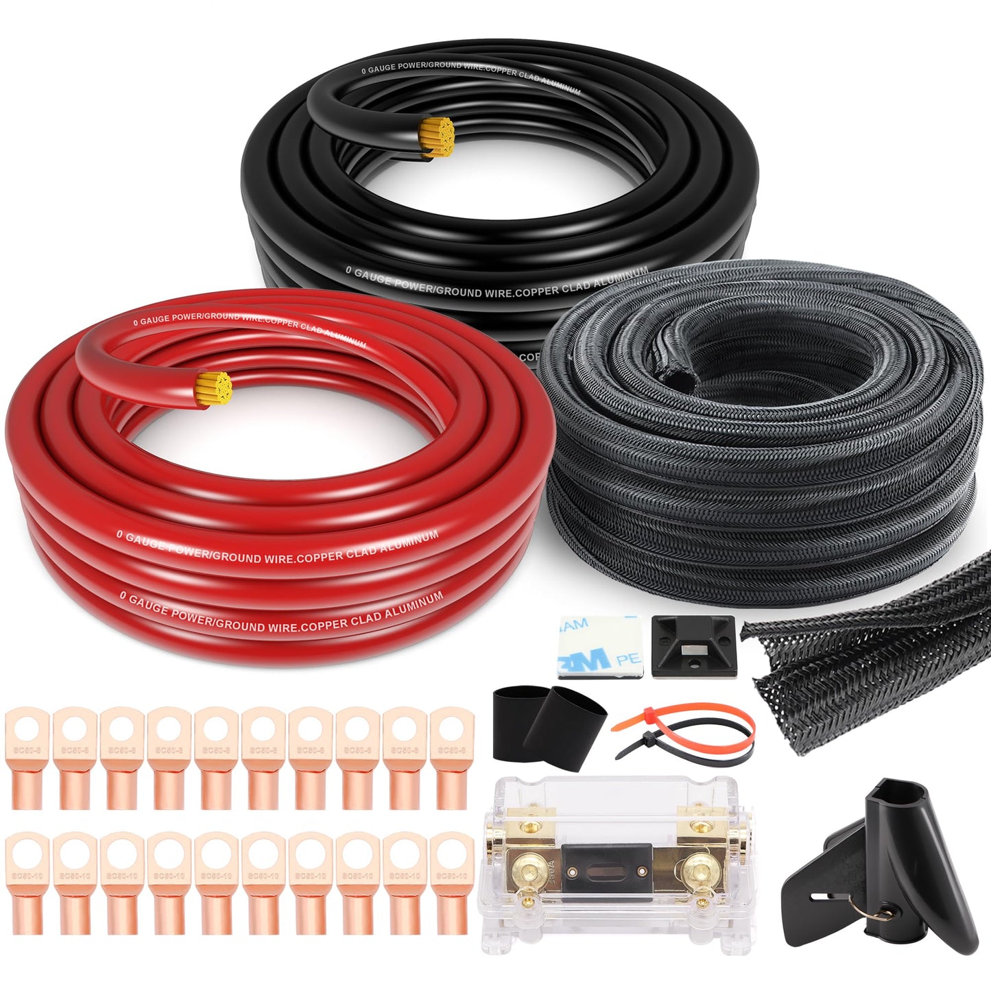 1/0 Gauge Battery Cable Wire Copper Clad Aluminum CCA Amp Wiring Kit 40FT Black/Red for Automotive Power Ground,Car Audio Speaker,Truck with 250A ANL Fuse Holder Lug Terminal Heat Shrink Tube