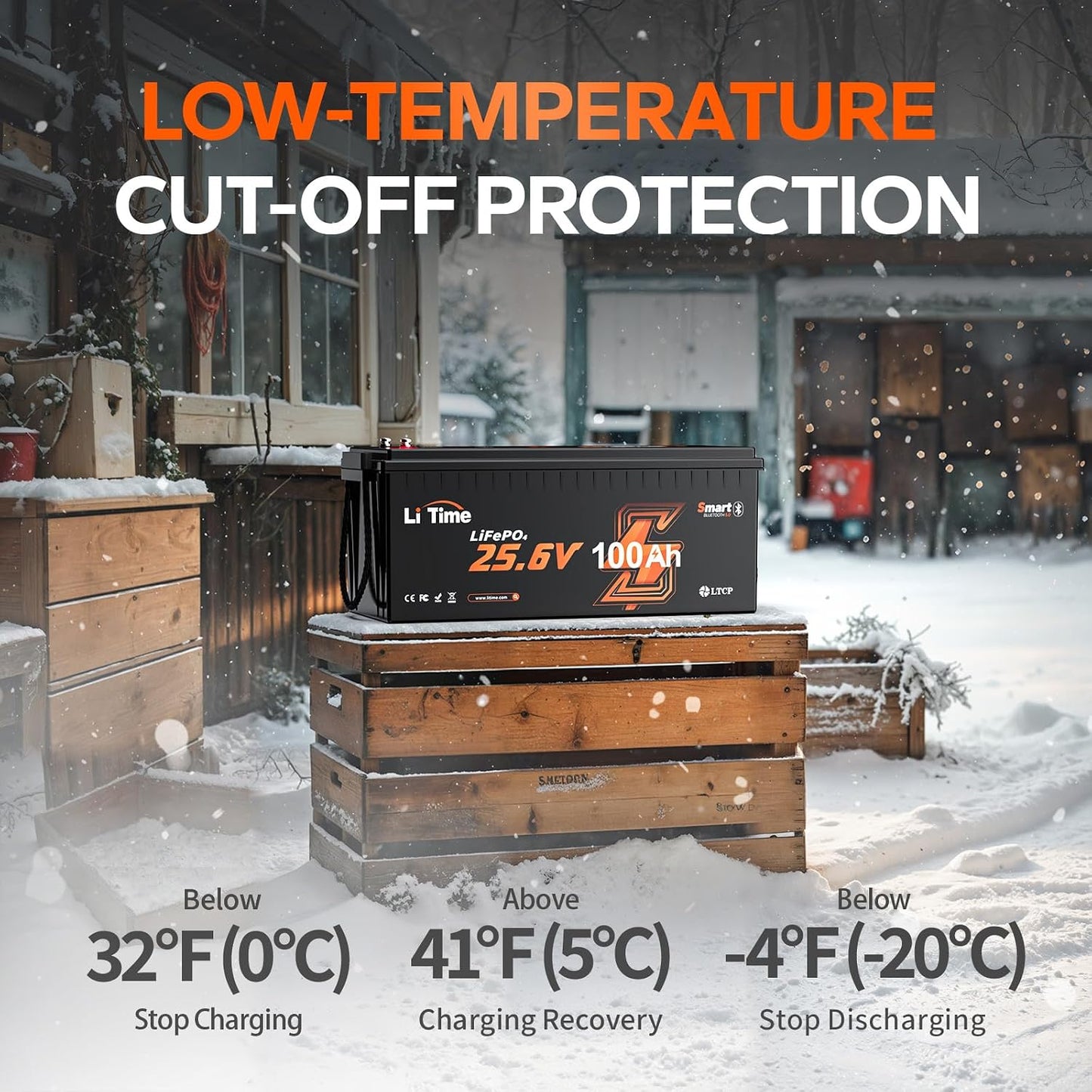 LiTime 24V 100Ah Bluetooth LiFePO4 Battery, Low-Temp Cutoff Protection, Built-in 100A BMS, 4000+ Deep Cycles for Trolling Motors, RVs, Marine, Off-Grid, Home Energy